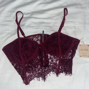 Burgundy lace bustier top with back silver zipper closure and adjustable straps
